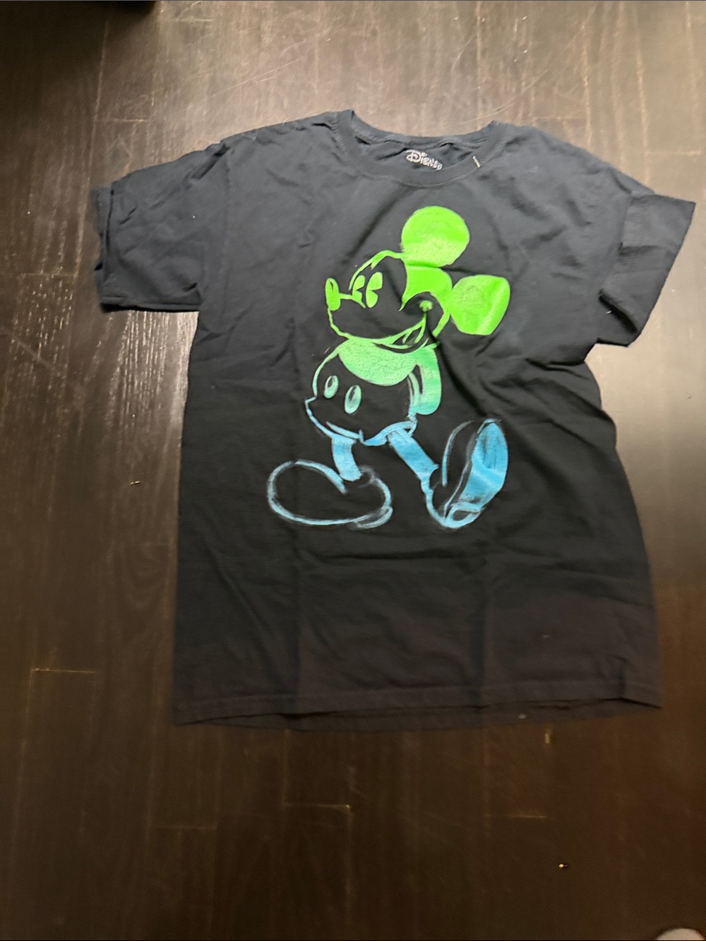 Disney Black Tee with Neon Green & Blue Mickey Graphic